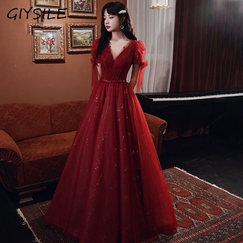 GIYSILE Backless V-Neack Bow Bubble Sleeve Back Banding Bride Bridesmaid Gowns Party Banquet Female Dresses Evening Dress