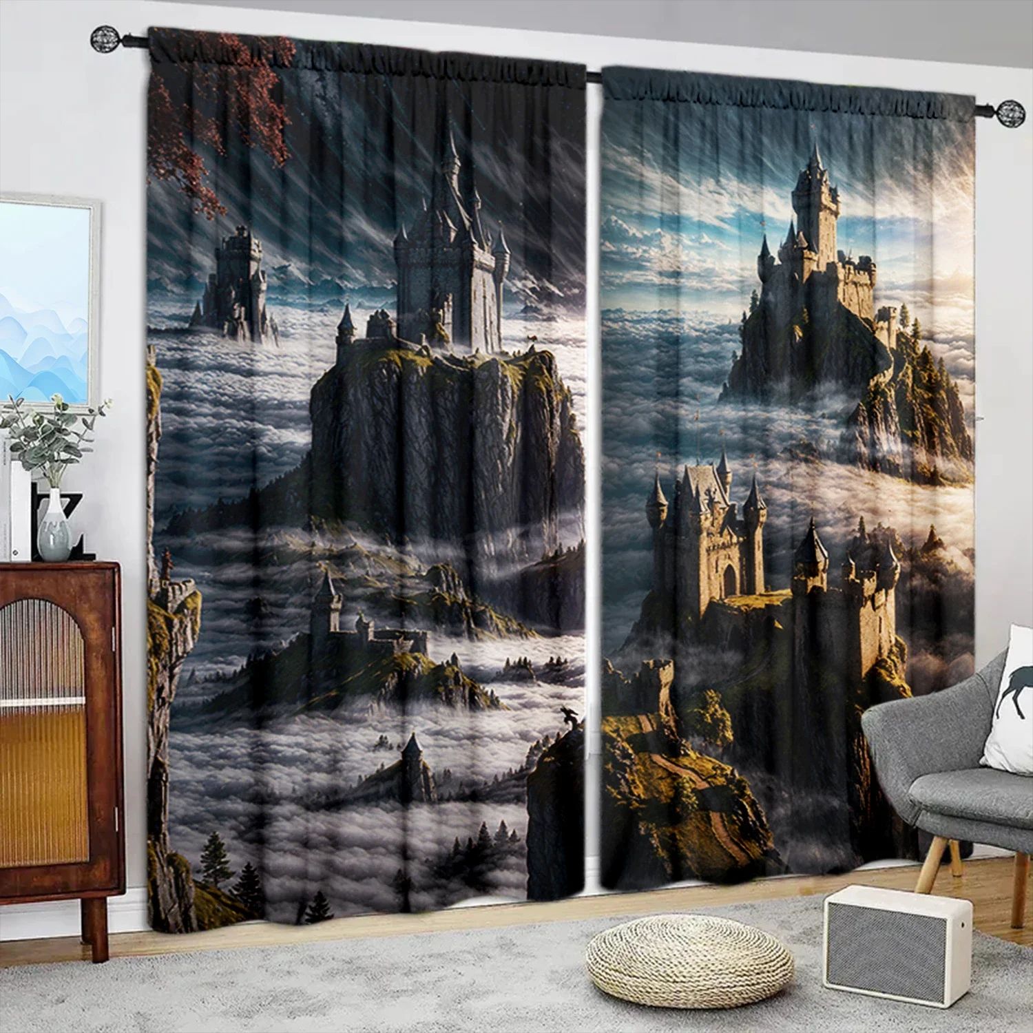 

2 шт., занавеска с принтом замка в европейском стиле для домашнего декора - карман стержневым карманом для обработки окон для спальни, офиса, кухни, гостиной
