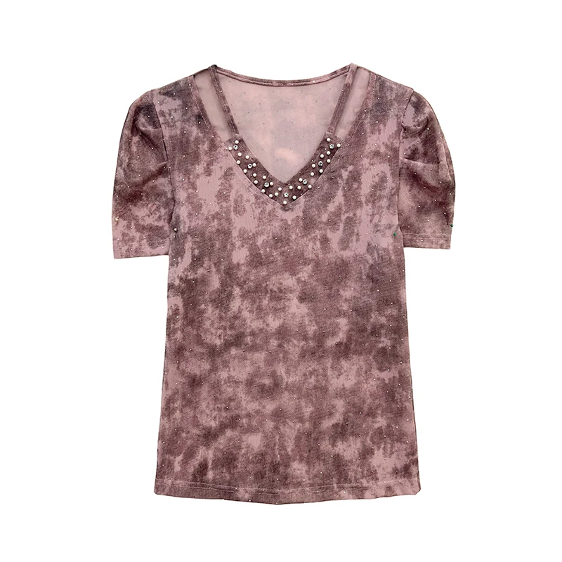 

Женская футболка MadBlack в европейском стиле, сексуальная, с V-образным вырезом, принтом в виде бриллиантов, с пышными рукавами, облегающая, размеры S-3XL, сетчатая, новинка лета 2026, T64742CC