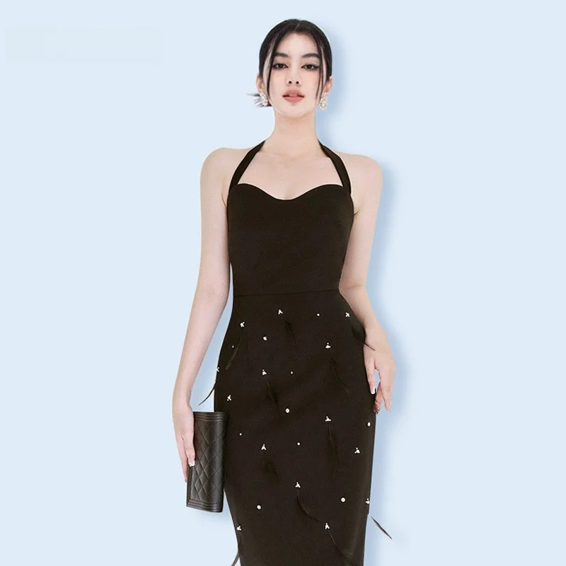 

Ele Classic Bla Neline Bal Feather Splicing Color Beaded Dr Women's Faion Summer 2024 Gown