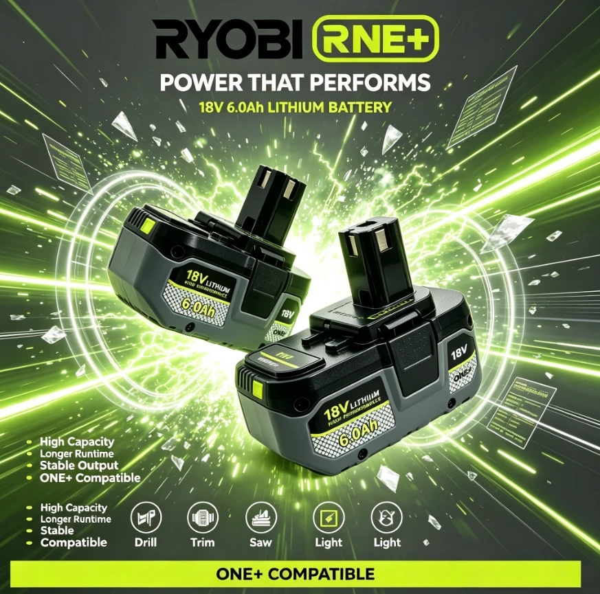 RYOBI 6.0Ah 18V Li‑ion Backup Battery for Cordless Angle Grinder Superior Energy Efficiency for Long‑Time Heavy‑Duty Tool Tasks