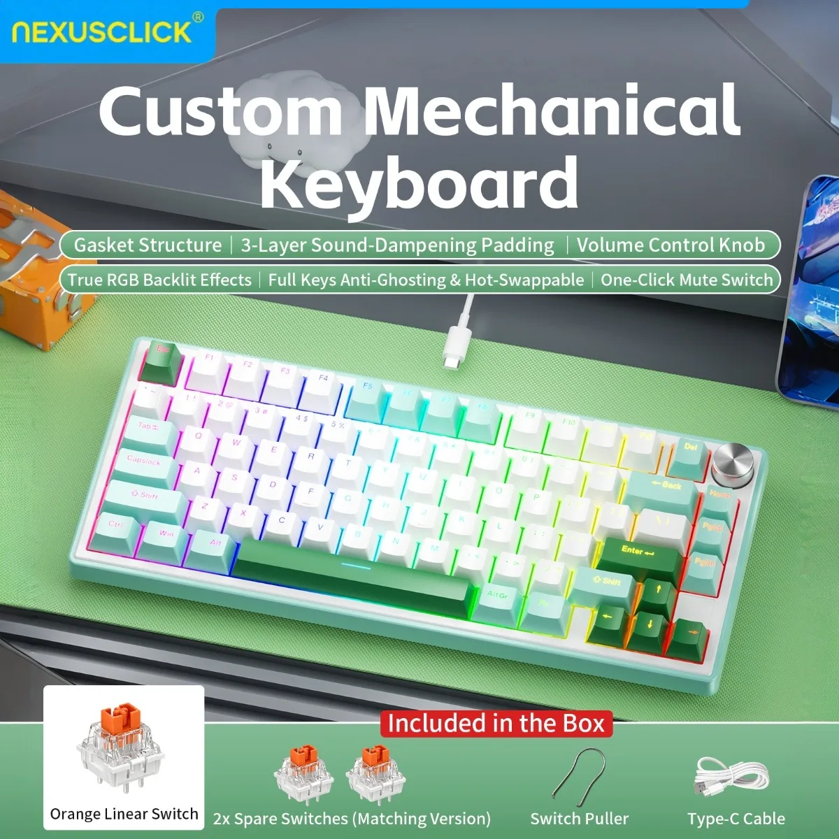NEXUSCLICK K80 Mechanical Gaming Keyboard 80 Key Gasket Mount Hot Swappable Full Anti-Ghosting RGB Wired Custom Esports Keyboard