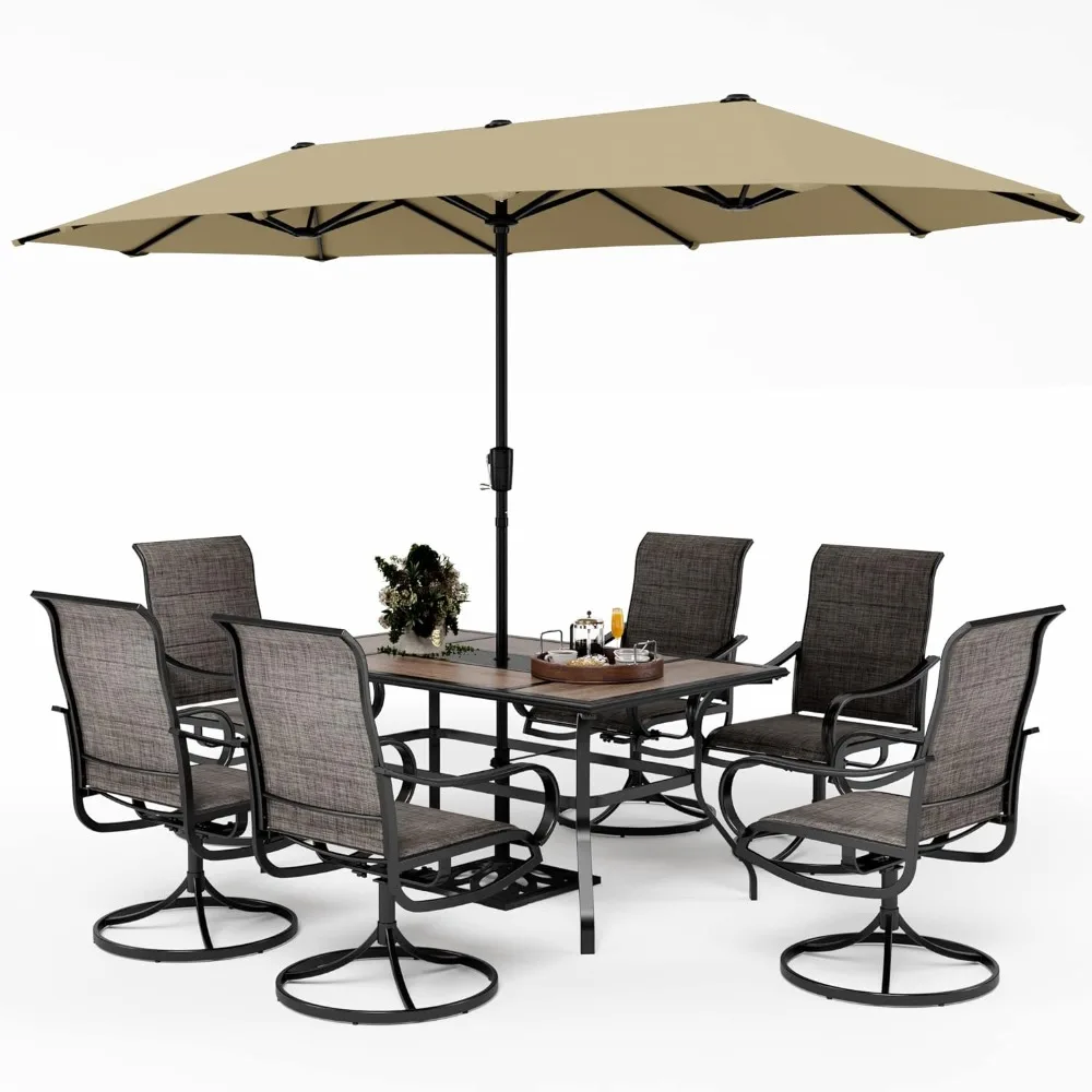 Swivel Chair Patio Table Set with 13ft Outdoor Beige Umbrella, Terrace Lawn Garden Outdoor Table and Chairs Dining Set