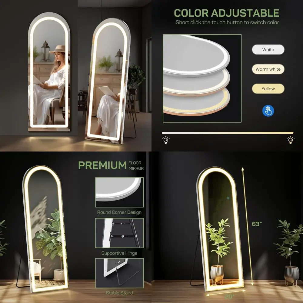LED-beleuchteter gewölbter Ganzkörperspiegel, 20 x 63 Zoll großer Hochspiegel zur Boden- oder Wandmontage mit vielseitigen Optionen