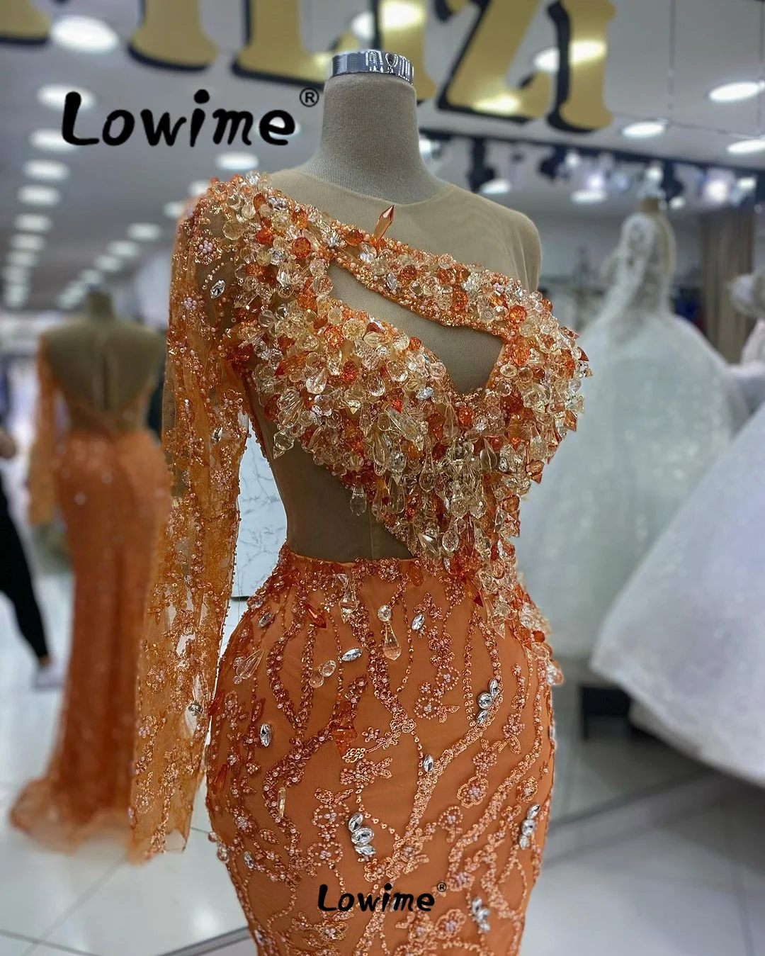 Arabic Party Dress One Shoulder Full Crystals Orange Evening Gowns 2024 Mermaid Second Reception Wedding Engagement Dresses Robe