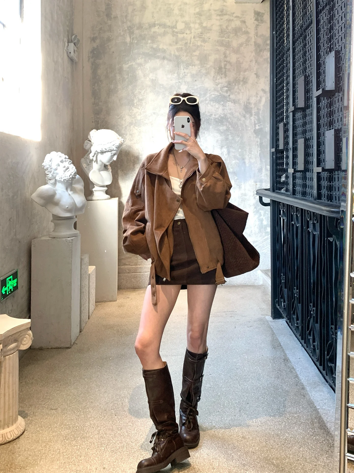 

GV Big Brother Suede Motorcycle Jaet Coat Caramel Autumnal Turn-down Collar Women's New Sle ort Outerwear Top