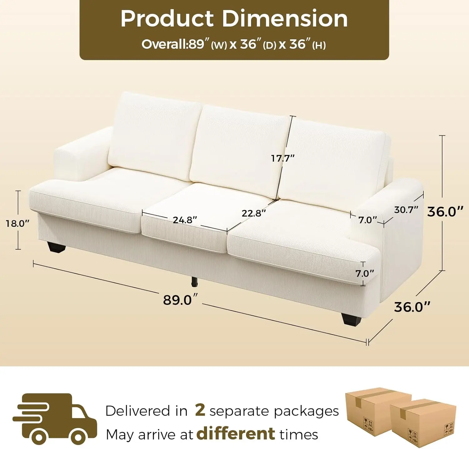 89 inch Couches for Living Room, Modern Couch with Deep Seat, Home Sofa Living Room, 3 Seater Couch with Firm Structure