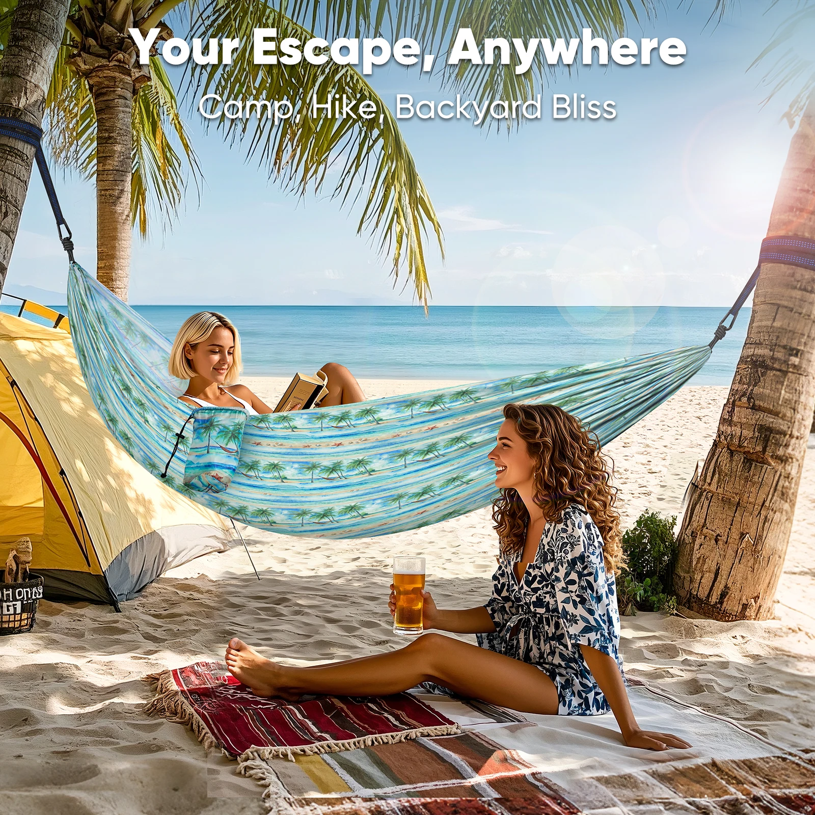 Outdoor Camping Hammock, Portable Printer Hammock with Bag and Tree Straps for Picnic Beach Travel, Colorful Camping Swing