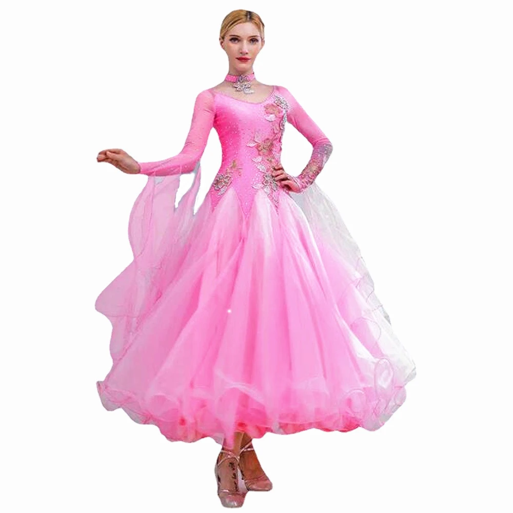 Women Pink Sequins Flying Yarn Ballroom Competition Dance Dress Viennese Waltz Dresses Clothes For Ballroom Dancing Rumba