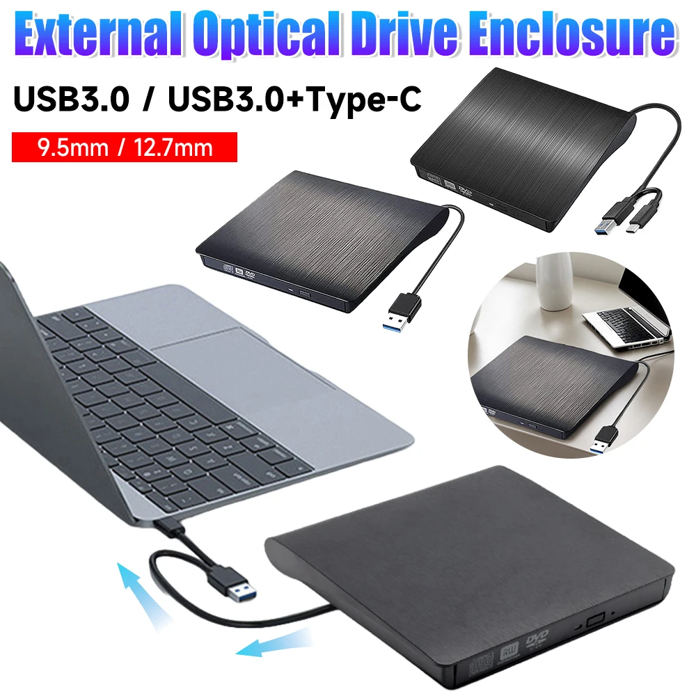 USB3.0/Type-C External Drive Enclosure 12.7/9.5mm ODD CD Player Box Mobile Optical Disc Drive Enclosure Case For Desktop Laptop