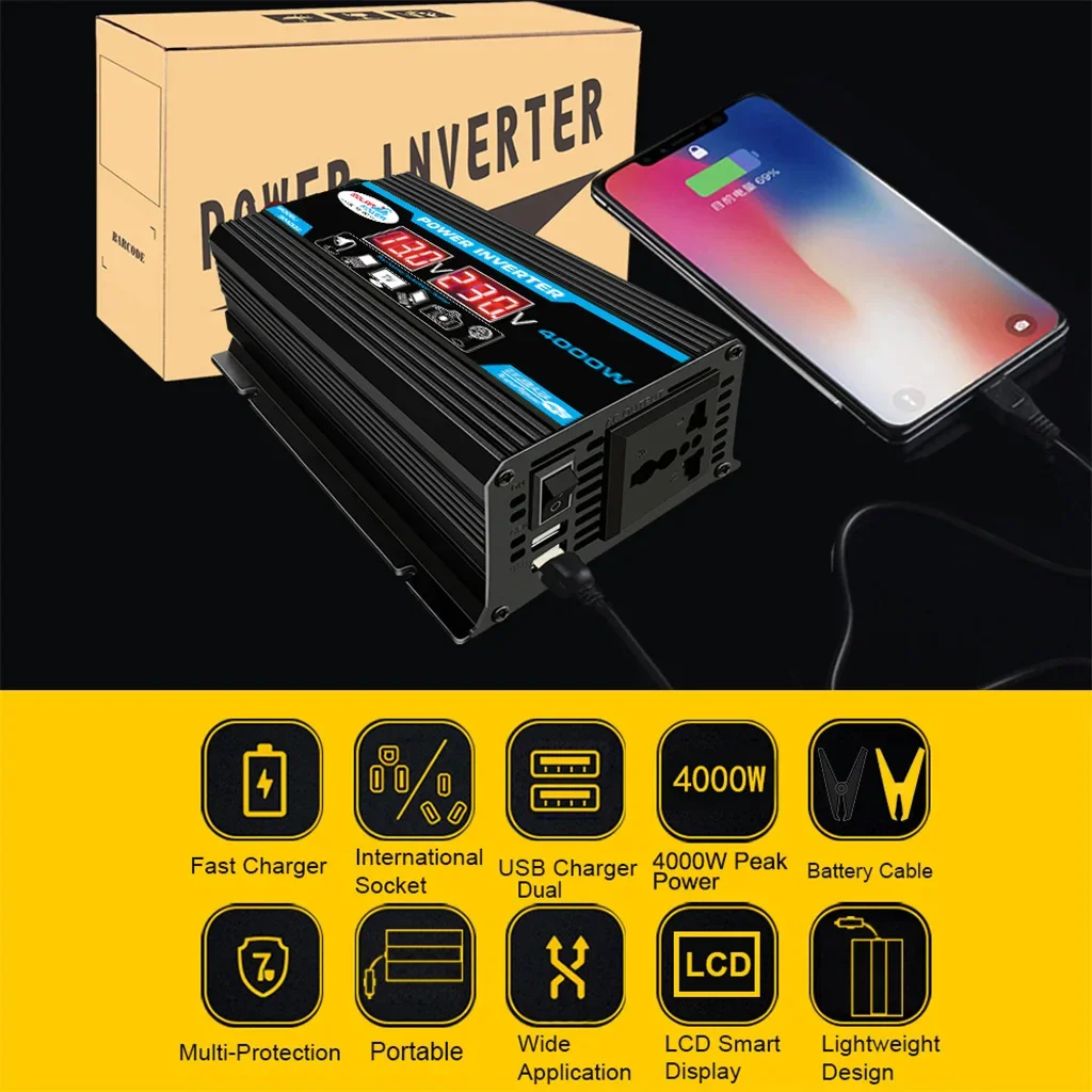 4000W Inverter 110/220V Car Power Vehicle Power Inverter LED Display Dual USB Charger Converter Lightweight Auto Accessories