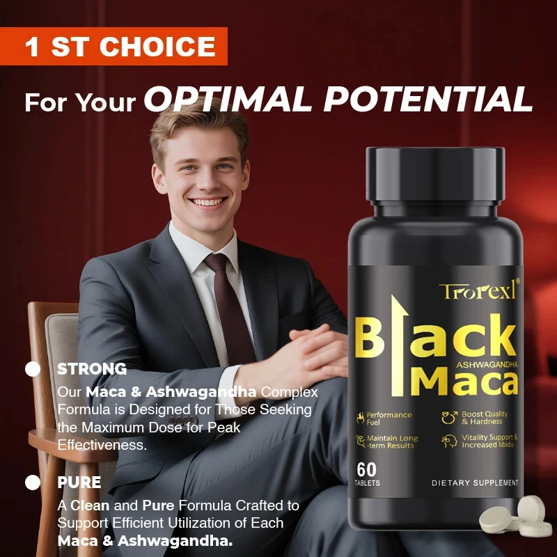 TOP STERKTE Zwarte Maca Ashwagandha-tabletten voor heren Potentie |   Natuurlijke energie + uithoudingsvermogen booster |   60 doppen
