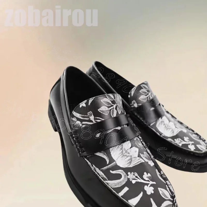 

Black Floral Print Sewing Design Leather Loafers Fashion Slip On Men Shoes Luxury Handmade Party Feast Dating Men Casual Shoes