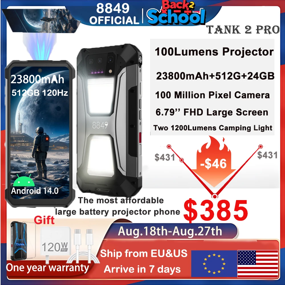 EU US MX Warehouse 8849 Tank 2 PRO Rugged Smartphone Projector 24GB 512GB 100MP 23800mAh 120W Android 14 Dual Sim NFC OTG Phone
