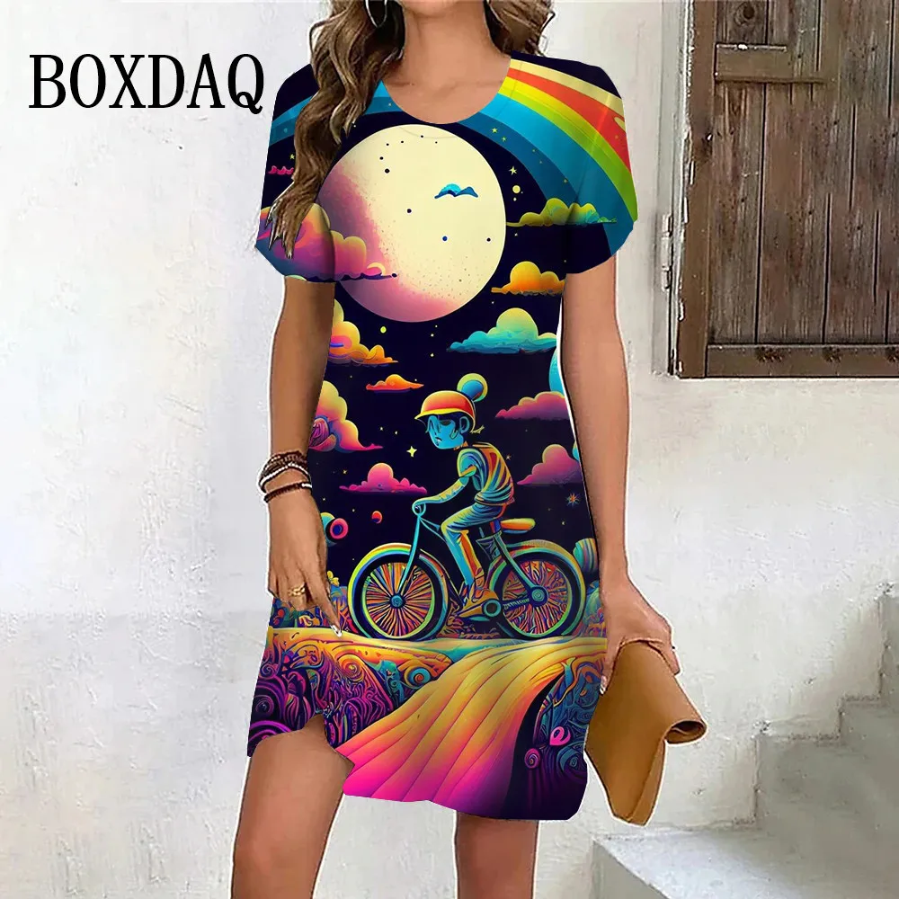 Cartoon Pattern Print Dress Women Casual Cute A-Line Party Clothes Summer Fashion Short Sleeve Kawaii Dress Lady Oversized Dress