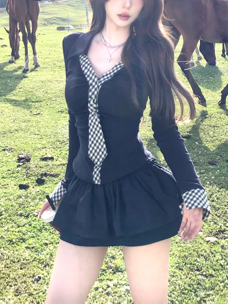 Pure Desire Spicy Girl Plaid V-ne Long Sve ort Skirt Set Women's Faion Autumn 2025 Puffy f-length Skirt Ensemble