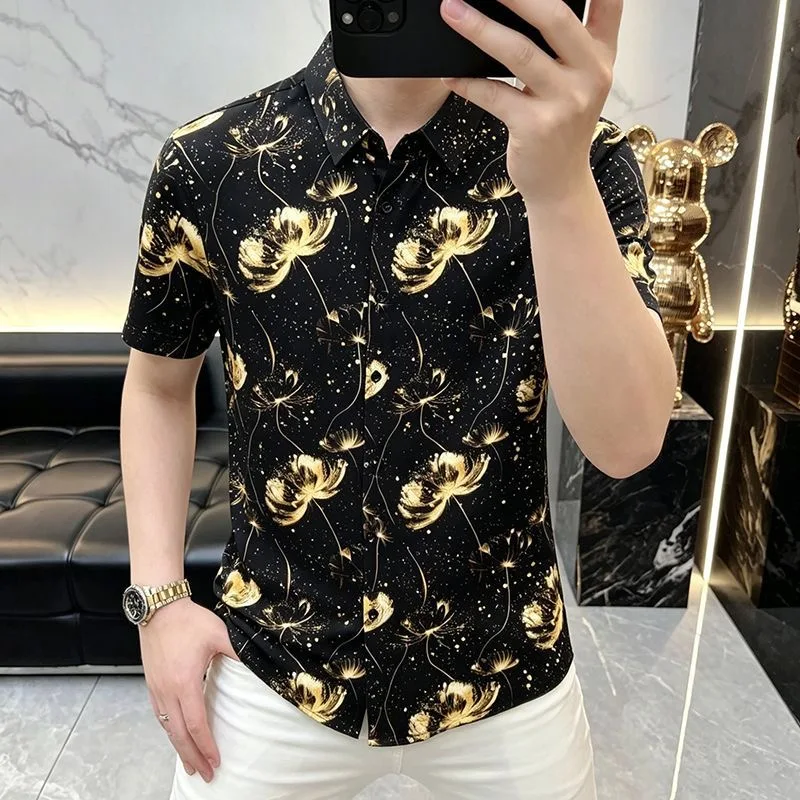 

Fashionable Ice Diamond Flashing Short Sleeve Men's Shirt Luxury European Style Printed High-End Shirt Trendy Versatile Print...