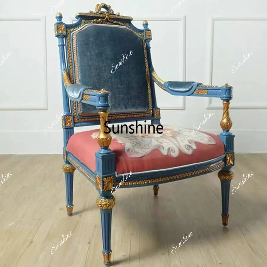 

French vintage solid wood armrests fabric casual master sofa chair