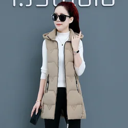 Waistcoat Vest Women Autumn Winter Long Korean Thick Waistcoat Vest Coat 2025 New Hooded Down Cotton-Padded Vest Female Overcoat
