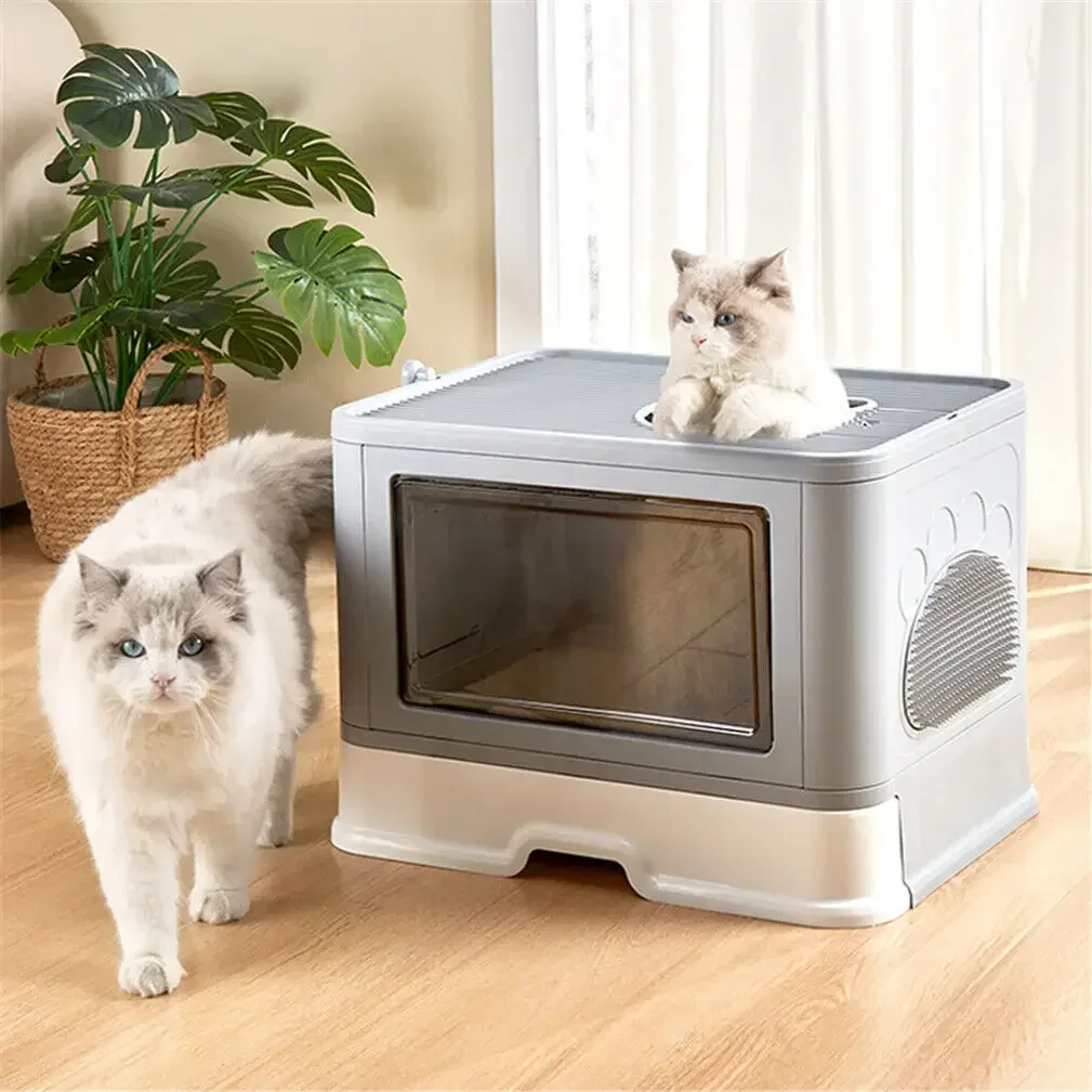 Foldable Cat Litter Box Front Entry & Top Exit Boxes with Scoop Enclosed Kitty Toilet Tray Pan