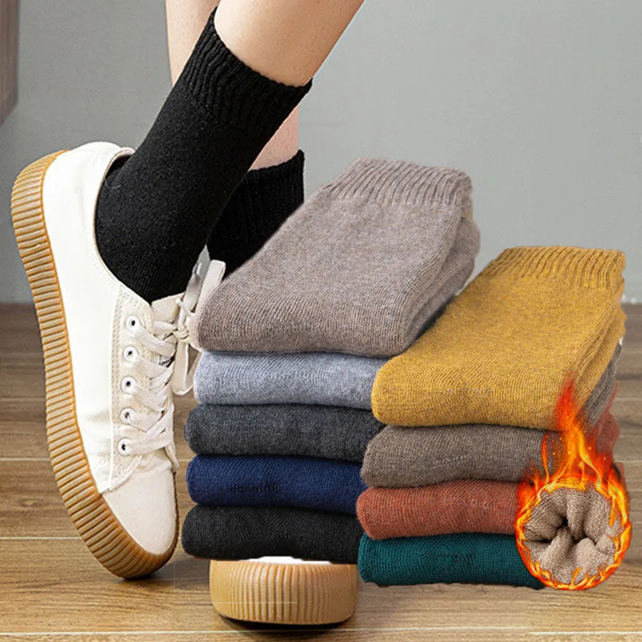 Women's Autumn and Winter Thermal Knit Socks, Medium-Calf Wool Socks, Cashmere Anti-Odor Thickened Fuzzy Over-the-Calf Socks