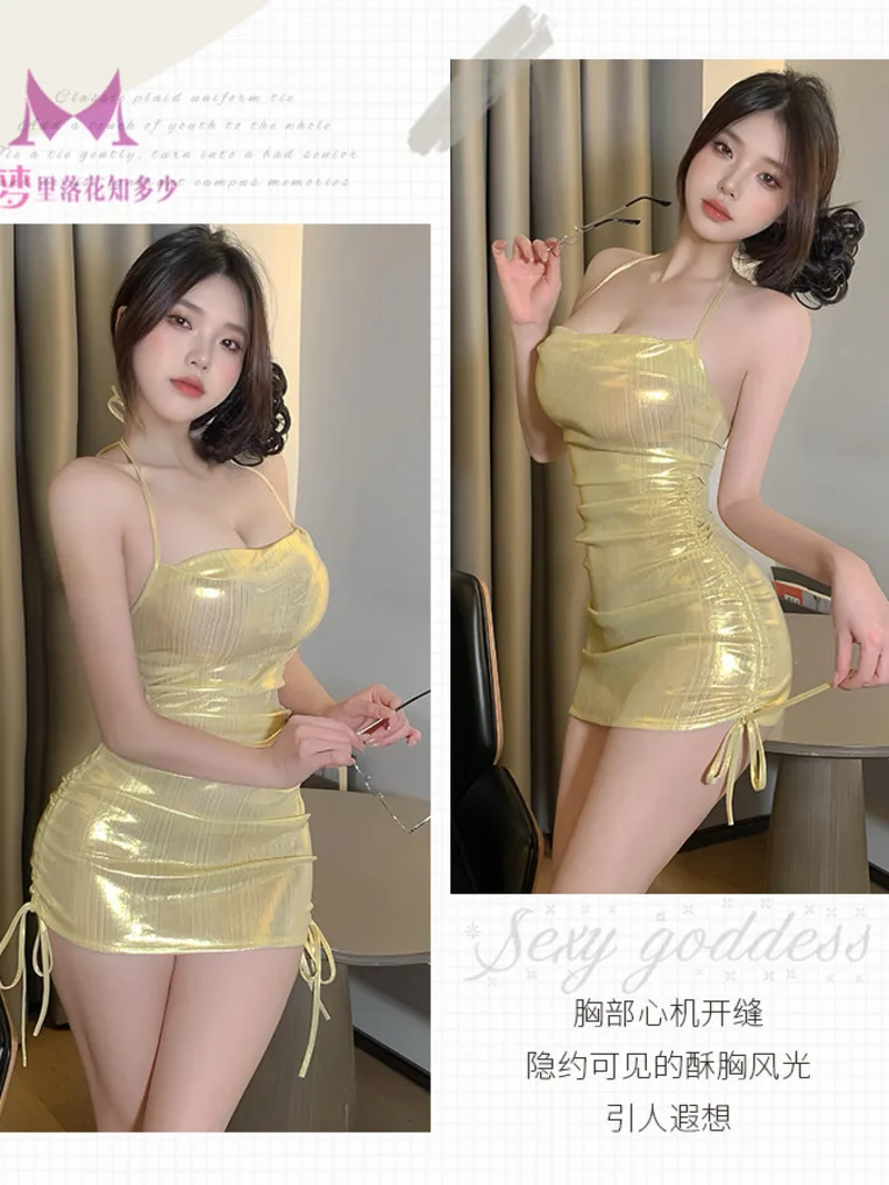 Sexy Hot Girl Shiny Gold Nightclub Dress Elegant Women Hot Uniform Sleepwear Fashion Slim Women Dress Korean Sweet LIH7