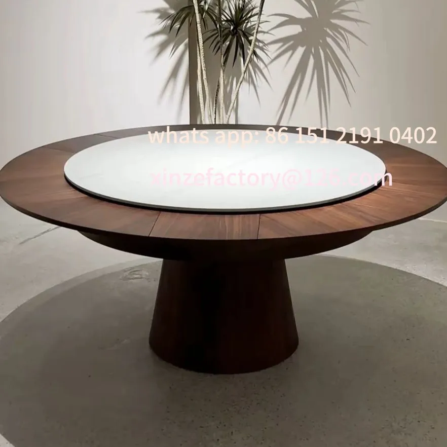 

Customizable rock slab rotating retractable round dining table variable size