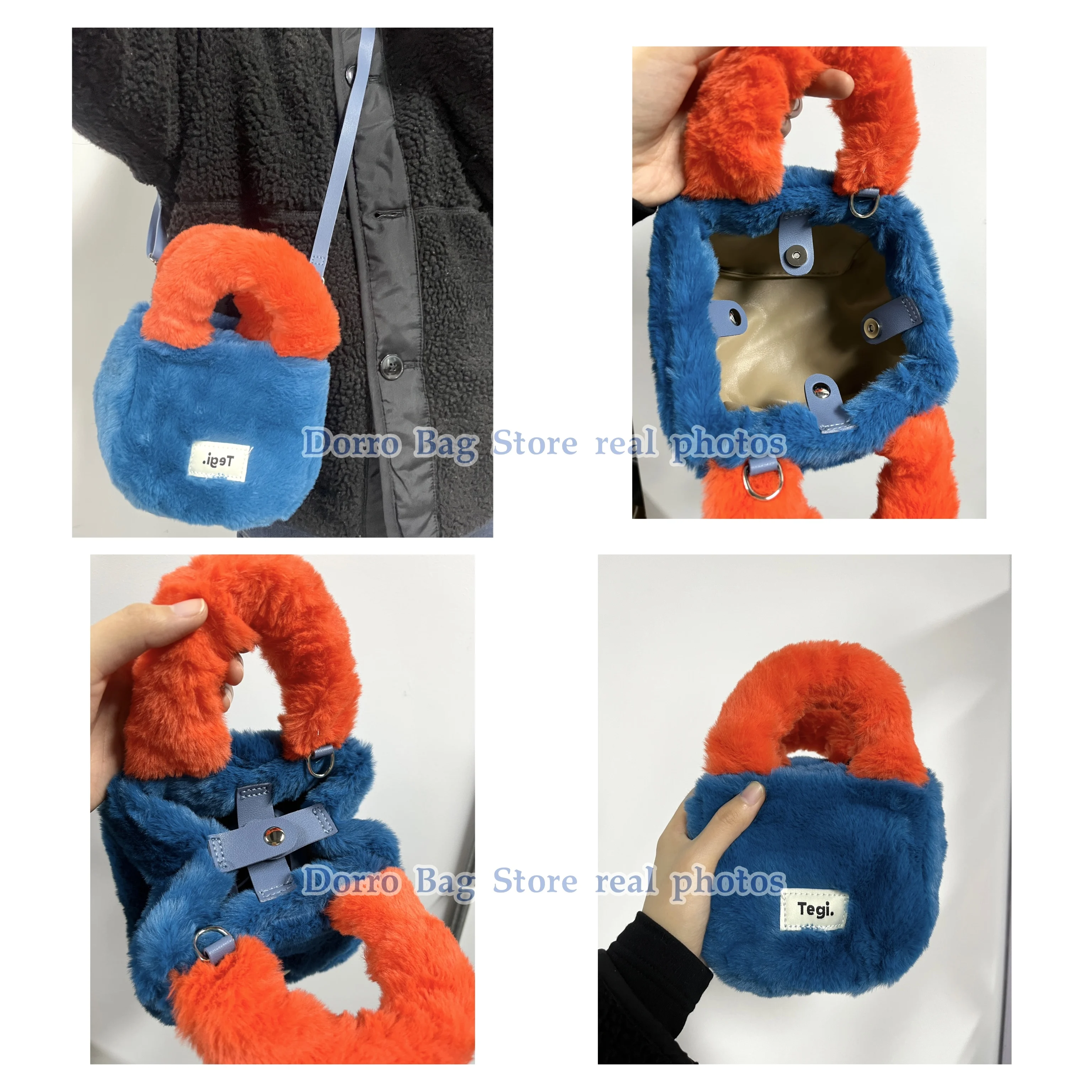 女性のためのキャンディーカラーの小さなぬいぐるみのハンドバッグ,模造毛皮の女性のハンドバッグ,ハンドル付きのファッショナブルな冬のバッグ