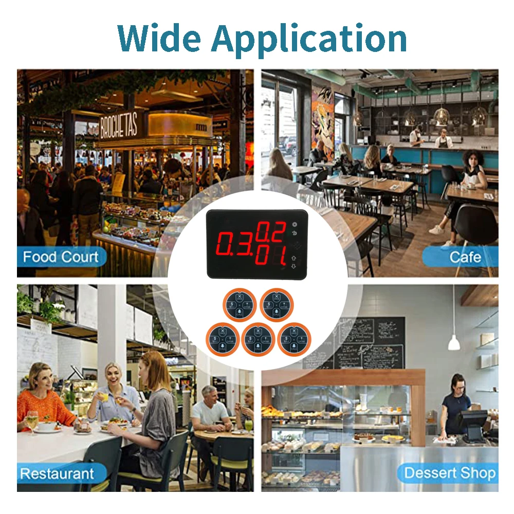 Restaurant Pager Wireless Waiter System Voice Broadcast Receiver 5 Call Button For Food Truck Bar Cafe Customer Service