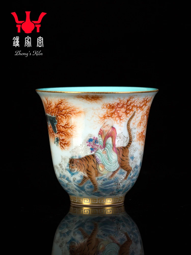 Zhongjiayao Jingdezhen Ceramic Tea Cup High Grade Men's Private Handmade Alum Red Painting Gold Dragon Subduing Arhat