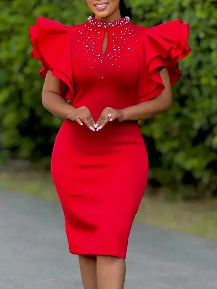 Elegant Women Party Evening Dresses Ruffle Sleeve Bodycon Midi Robe Office Ladies Overalls African Dashiki Ankara Clothing 2025