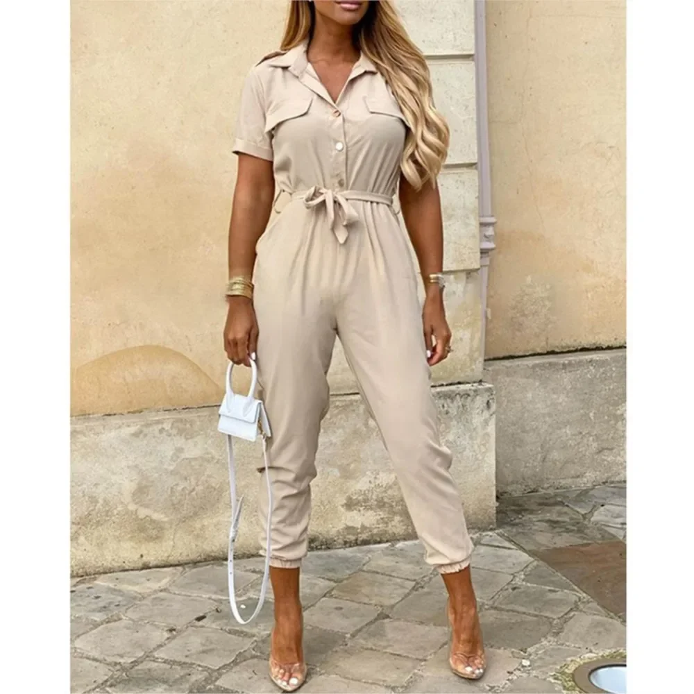 

2025 Summer Hot Women's Jumpsuits Solid Trousers Casual Lapel Button-printed Belt Short-sleeved Workwear Commuting Jumpsuits