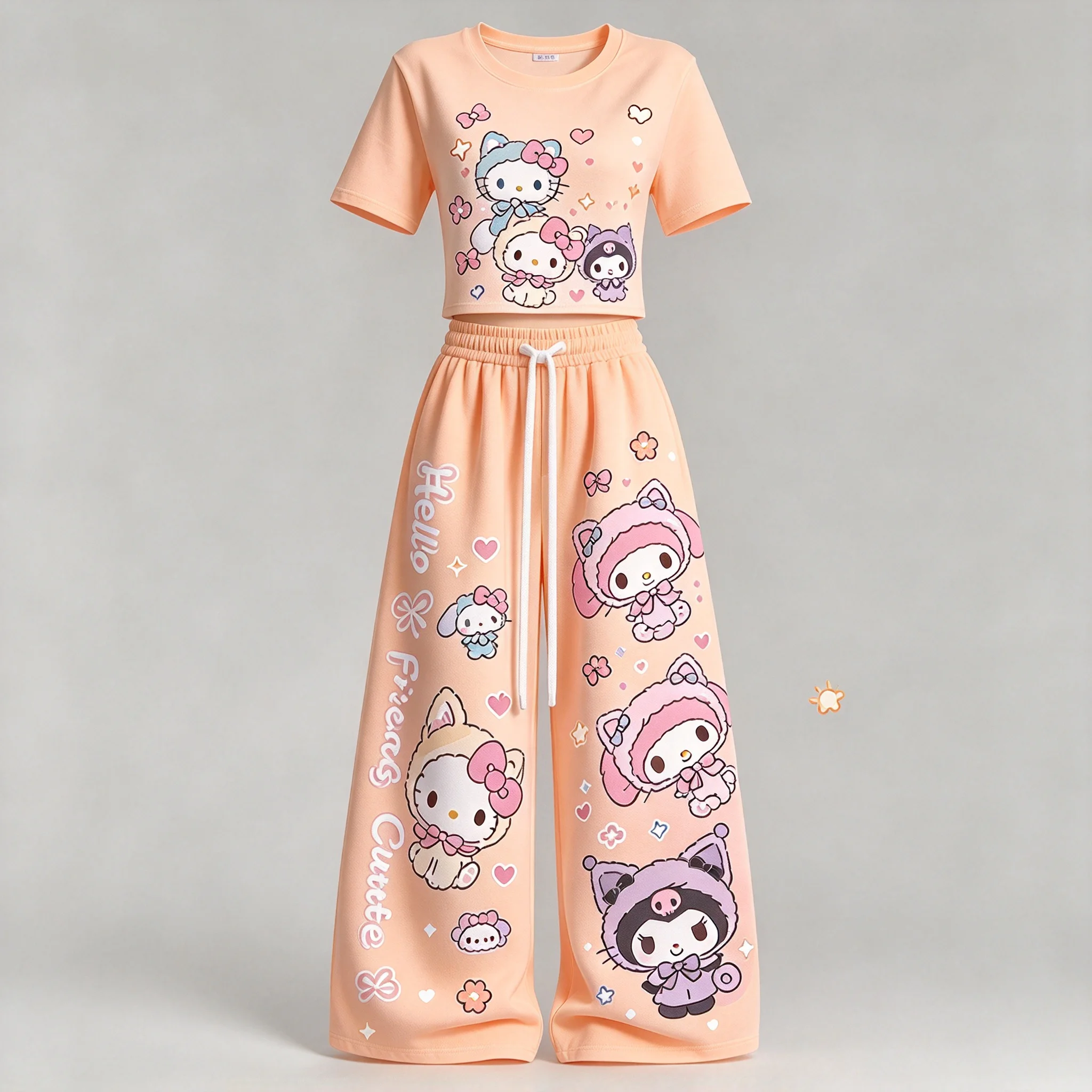 Cute Hello Kitty Kuromi My Melody Print 2 Piece Set Cropped Tee Elastic Waist Wide Leg Trousers Girls Casual Streetwear Outfit