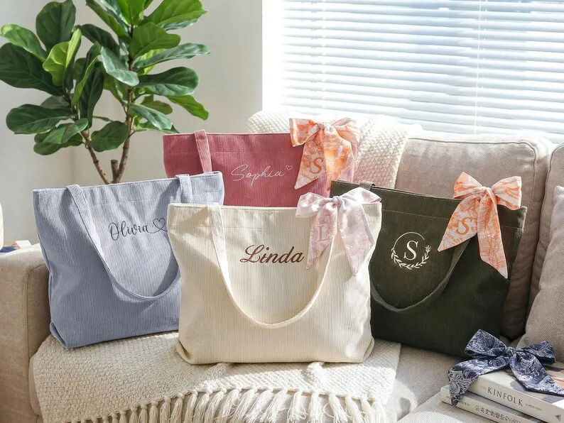 Custom Tote Bag Corduroy Tote Bag Persoanlized Bridesmaid Gift Add Text Name Words Tote Beach Handbag Daily Use Commuting Bag