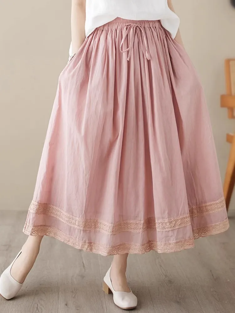 2025 New Summer Women Clothing Elastic Waist Casual Loose Pleated Skirts Breathable Embroidery A-Line Female Tutu Midi Skirts