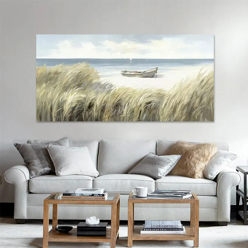 Unframed Modern Abstract Oil Painting, Boat Textured Wall, Canvas Art, 3D Beautiful Scenery Picture, Simple Beach Hand Drawing