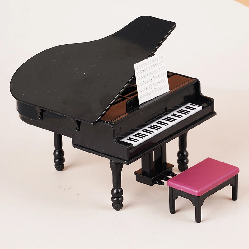 [E] 1:12 Dollhouse Miniature Piano W/Stool Instrument Chair Model Living Room Furniture Decor Toy Doll House Accessories