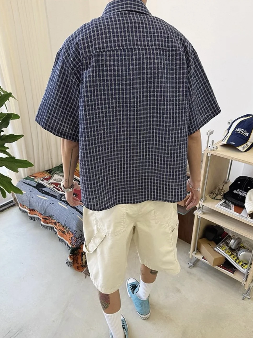 

Retro Japanese Plaid Bubble irt ort Sve Loose Casual Men's Summer Top Versatile Couple's Wear Trendy Flip Collar