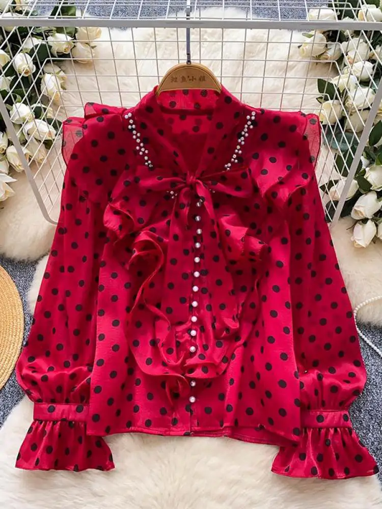 

French Retro Women Polka Dot Ruffle Edge Pearl Single Breasted Blouse Spring Autumn Long Sleeve Bow Bandage Shirt Tops Y2k Trend