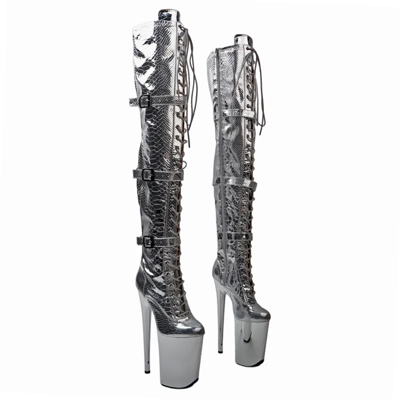 Leecabe   23CM/9inches  shiny Snake upper  Trends Fashion electroplate High Heel platform stripper heel Pole Dance boots