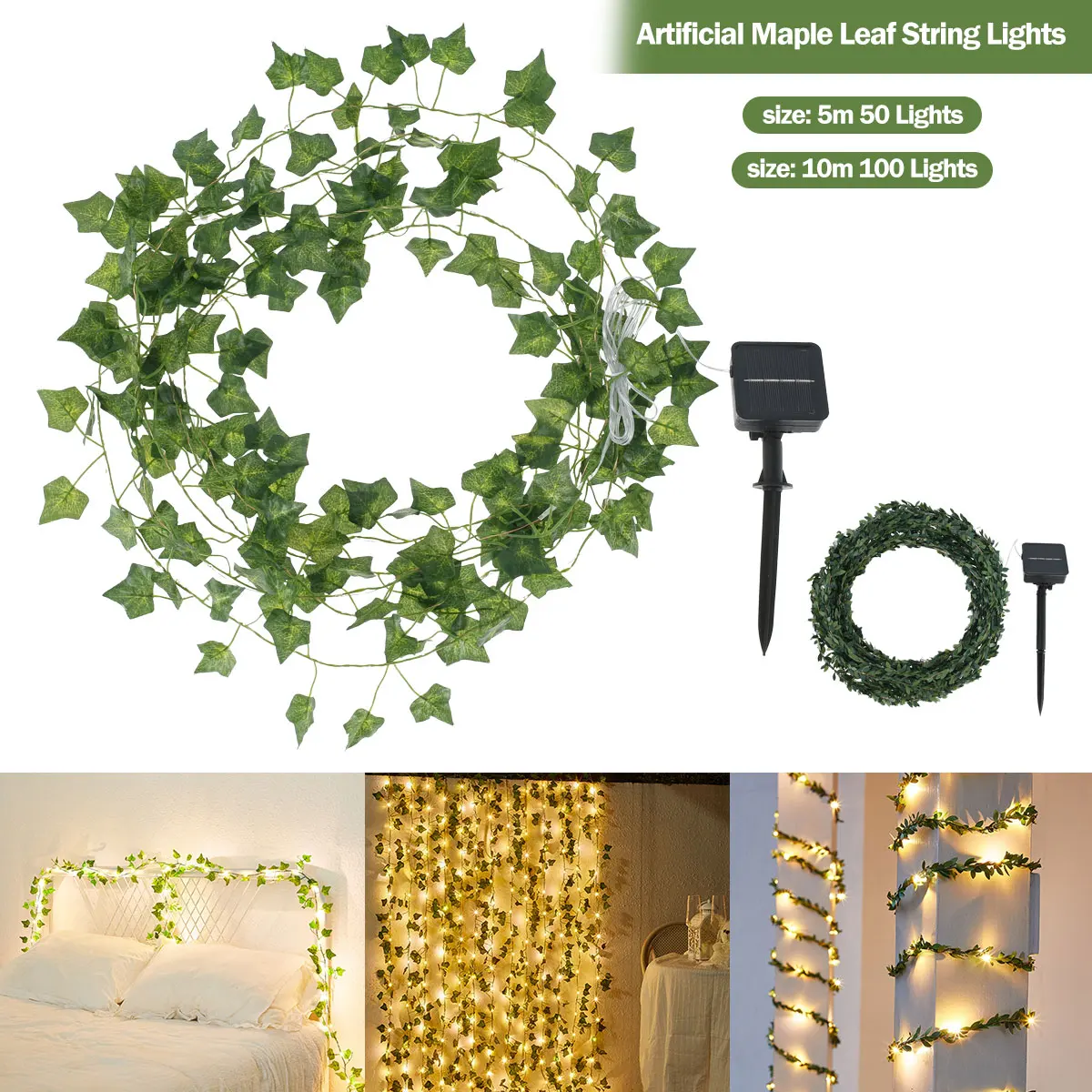 Artificial Leaf String Lights LED Solar Powered Light Outdoor Waterproof Hanging Plant Ivy Vine Light For Garden Fence Decor