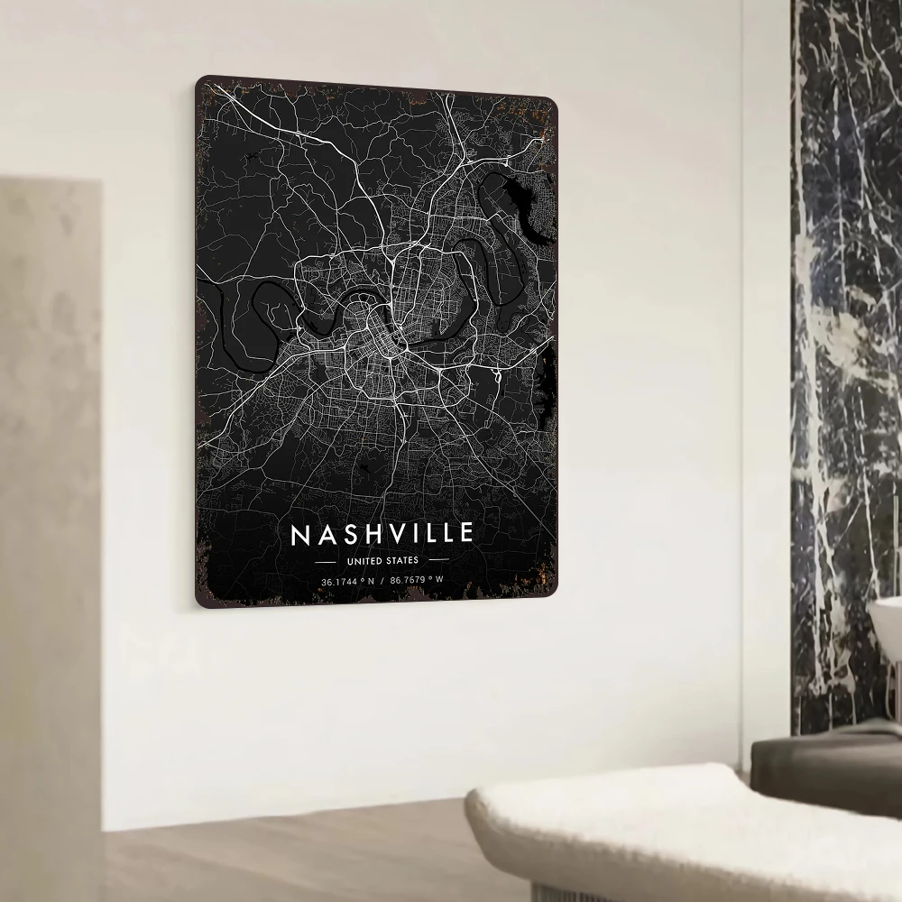 Nashville City Map Metal Wall Art Modern Minimalist Home Decor United States Topographic Print Iron Painting