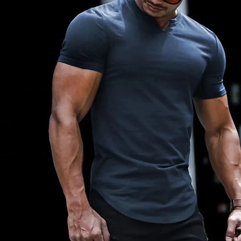 V Neck T Shirts Men Short Sleeve Casual Tee Shirts Mens Summer Lightweight Arc Hem Classic Solid Color Vneck Tshirts