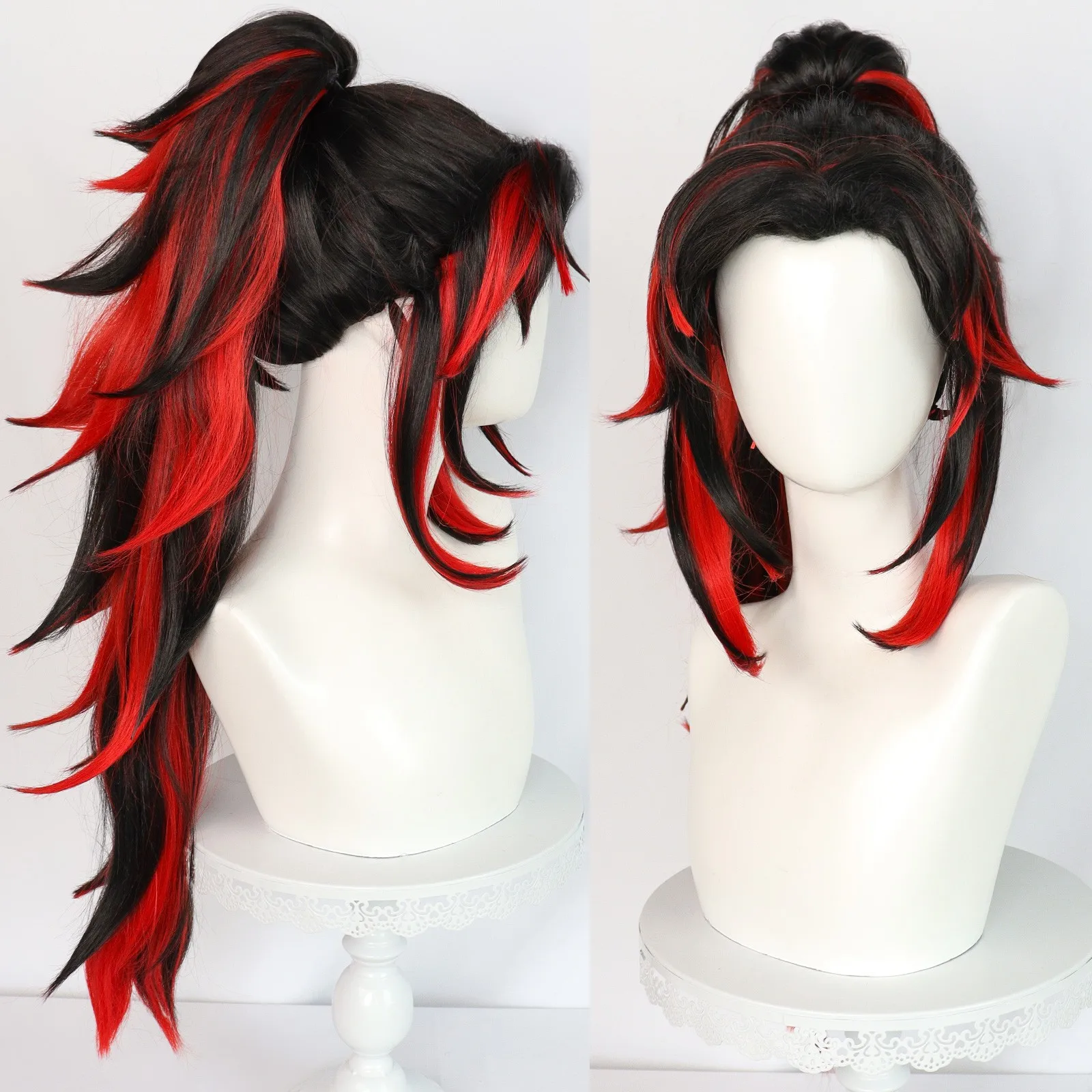 Peluca de cosplay Black Antennae Kiyomitsu estilo cola de caballo alta de red rosa degradado negro y rojo