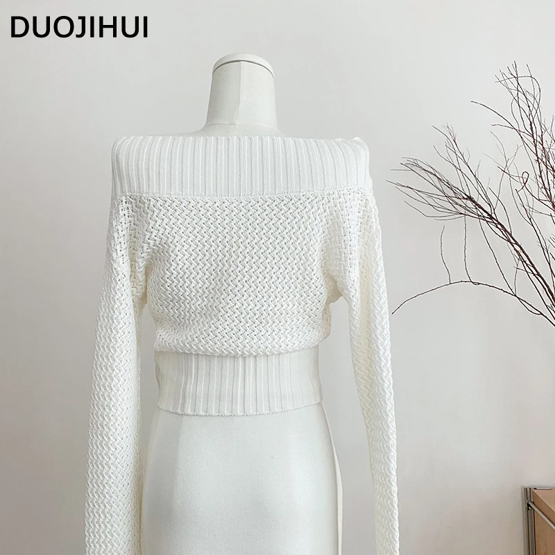 DUOJIHUI-cárdigan clásico con hombros descubiertos para mujer, cárdigan de un solo pecho, Color liso, blanco, Sexy, Simple, a la moda, novedad de otoño