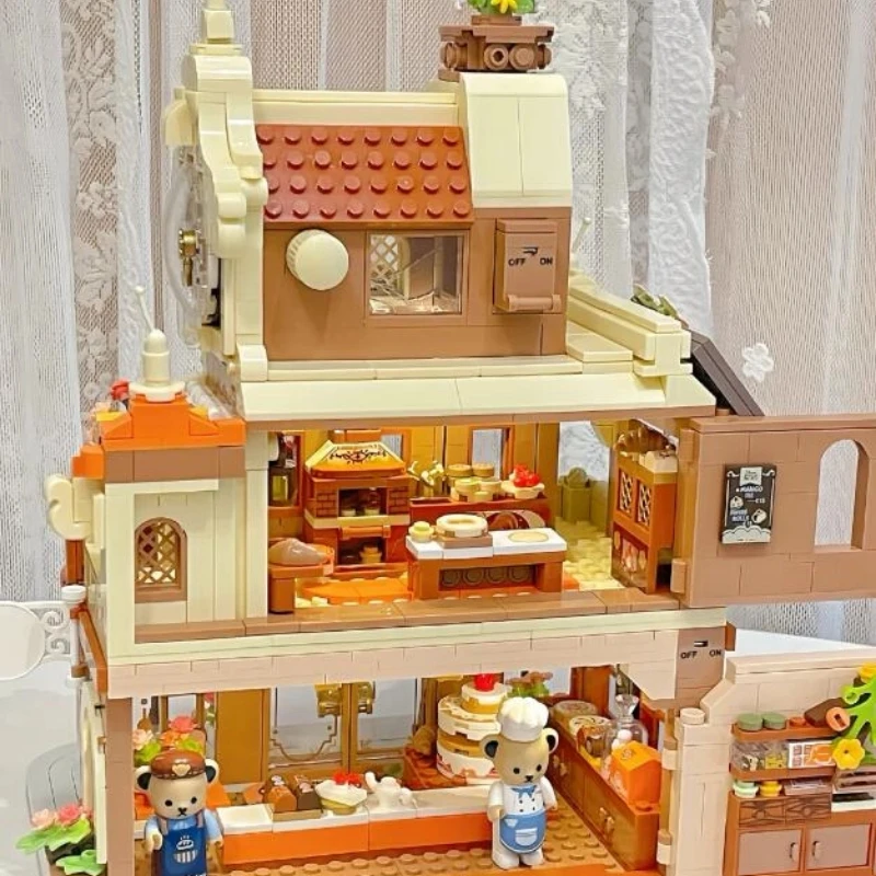 Genuino ciudad vista a la calle arquitectura pastel pan tienda bloque paisaje urbano casa para hornear modelo edificio oso regalos sorpresa de moda