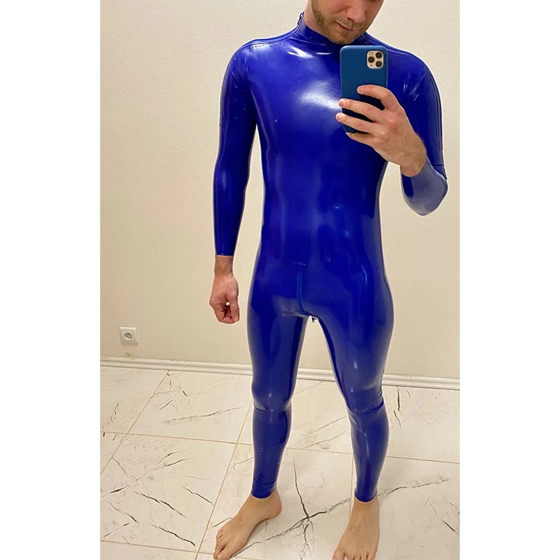 

Latex Catsuit Blue Handmade Rubber Bodysuit with Back Crotch Zip for Men Wear Customize