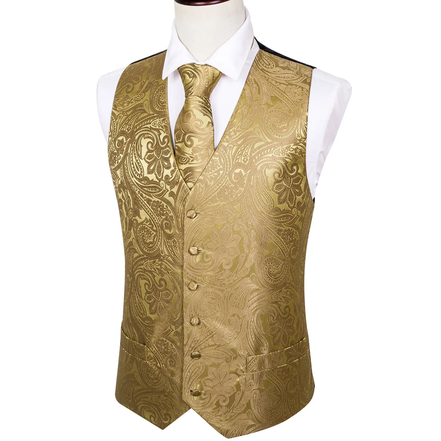 Luxury Men\'s Vest Silk Gold Black Red Blue Purple Green Paisley Plaid Waistcoat Hanky Set Slim Wedding Formal Barry Wang