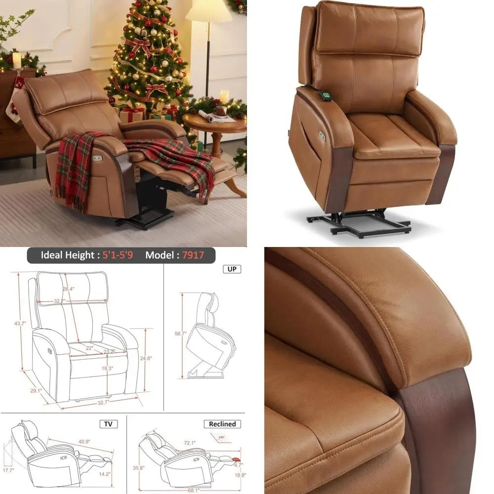 

Массажное кресло-реклайнер с подогревом и регулируемой спинкой для пожилых людей, подлокотники из массива дерева, USB-порты, боковые карманы, кожа цвета оленьей шкуры (средний оттенок)