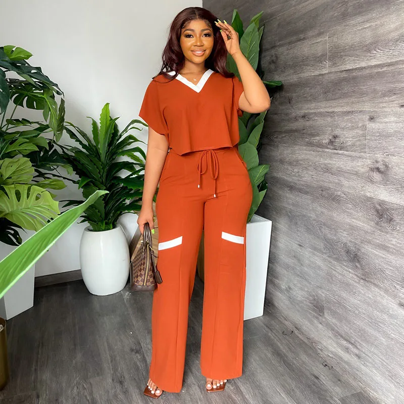

Solid Casual Two Pieces Set Women Active Wear Fitness Workout Outfit Short Sleeve T-shirt Top and Drawstring Pants Matching Sets